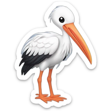  white stork with a long beak. The stork is carrying a bundle of cloth in its beak that has a cute baby human and his face peeking out from it sticker