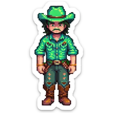 Pixel art of a cowboy character with green outfit and hat sticker