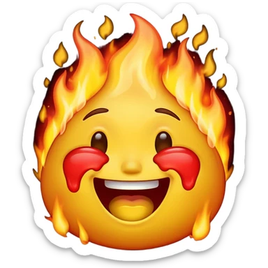 A high-resolution, surreal emoji face with a transparent background. The emoji is simultaneously laughing, crying, and melting while on fire.  sticker