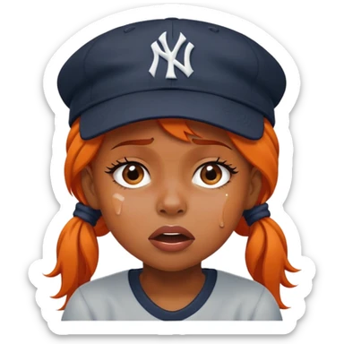 Crying black girl with a Yankees hat and orange hair sticker