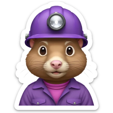 a mole rat, headlamp, BROWN worker cloth, purple helmet,  sticker