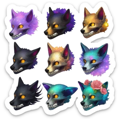 Black iridescent fluffy dog fox head skull zombie skull skeleton skull gold mechanical steampunk raven wings nebula galaxy stars colorful flowers fairy lights vintage sticker