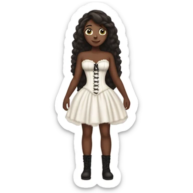 a white girl with straight and loose  dark brown hair standing with her back tied an old corset on a fluffy dress sticker