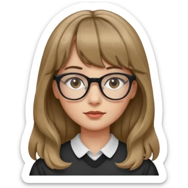 Uma garota de cabelo ondulado loiro escuro,mas com franja lisa e olhos pretos,usa óculos e a cor de pele branca,e o cabelo LONGO sticker