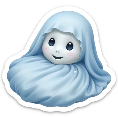 An adorable, peacefully floating sheet-like ghost in gentle pastel whites and blues, its soft, rounded form loosely draped, head resting with closed, serene sparkling eyes and a tiny, contented smile, simplified yet irresistibly charming, highly detailed, with a soft glowing outline that captures the essence of a sleepy, endearing spirit wrapped in cozy slumber! sticker