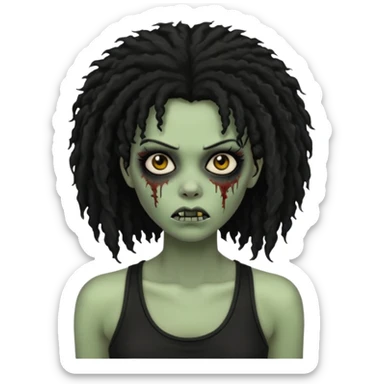 a female zombie with sage green skin, black long afro afro hair with edges, and a black tank top  sticker