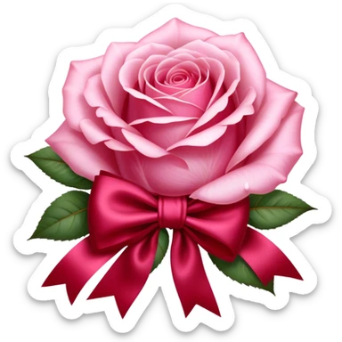 "Delicate Fairy Tale Pink roses rest beside a luxurious Ruby Red silk bow. The soft petals and rich fabric create a dreamy, romantic atmosphere." sticker