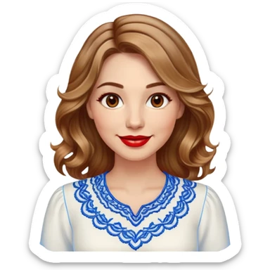 Friendly woman in her late 30s with luminous fair skin, round face, wide smile, large light brown eyes, vibrant red lips, shoulder-length dark blonde wavy hair with highlights, wearing white blouse with blue embroidery and electric blue neckline sticker