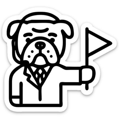 english bulldog tour guide icon style, holding a flag, friendly expression sticker