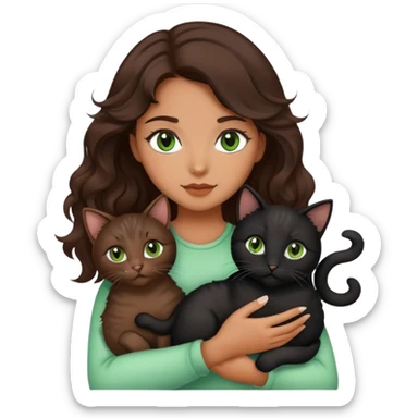 Beautiful girl with dark brown wavy hair and green eyes holding black and brown cats in arms sticker