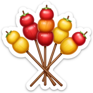 Tanghulu candied hawthorn fruits on wooden stick, simplified emoji style with bold outlines and bright colors, cartoon style shiny sugar coated Chinese street snack sticker