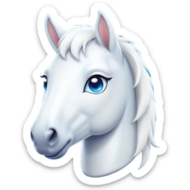 Cinematic Cute White Horse Portrait Emoji, Head tilted playfully and inquisitively, showcasing a glossy white fur with a luminous sheen and gentle, expressive blue eyes, Simplified yet irresistibly adorable features, highly detailed, glowing with a warm, friendly glow, high shine, affectionate and spirited, stylized with a touch of whimsy, bright and endearing, soft glowing outline, capturing the essence of a mischievous yet loving horse, so playful it feels like it could prance out of the screen and into your arms! sticker