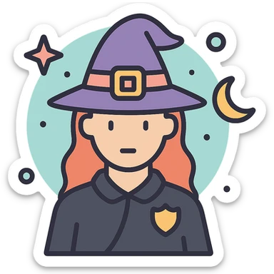 Make this female enforcer icon witchy by adding a witch hat, magical aura, and mystical symbols with a soft color palette and no background. sticker