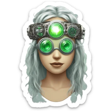 Light green long hair female cyborg head with silver steampunk goggles as a headband, circuits sticker