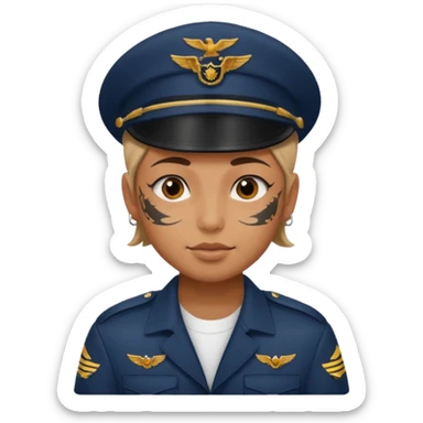 Young, wearing pilot uniform include hat, full tattoo on face sticker