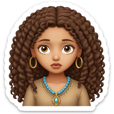 a tan pretty bratz indian girl with curly long brunette hair, looking sad sticker