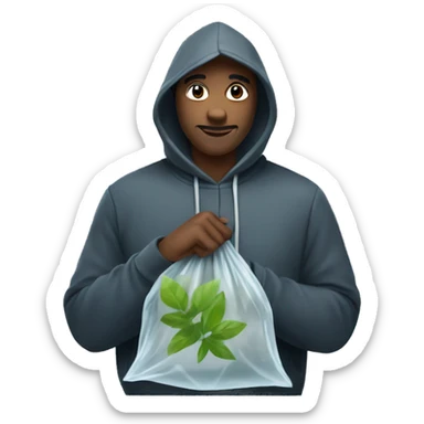 Shady man with hood up holding a clear plastic bag with leaves sticker