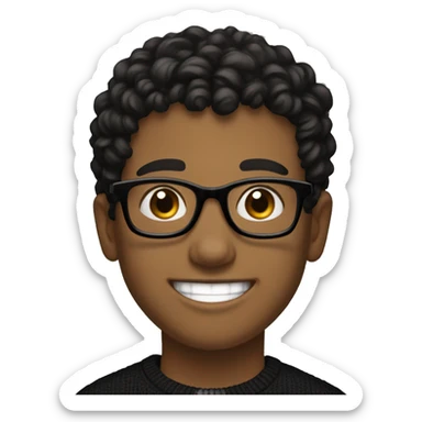 a young brown boy, black glasses, smiling, white teeths, curly black hair, black pullover, laptop in front of him sticker