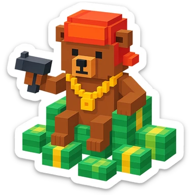 Russian grizzly bear with a rapper chain and a money gun, sitting on a throne of cash sticker