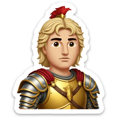Cinematic Realistic Alexander the Great Portrait Emoji, depicted as a bold, charismatic ancient conqueror in regal armor with a commanding gaze, rendered with lifelike textures and dramatic heroic lighting that captures his legendary ambition. sticker