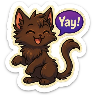 a dark-brown fluffy cute kawaii anthropomorphic furry anime cat-furry with tufted ears, golden eyes, and a long thin tufted tail, happy, grinning, closed eyes, pleased expression, saying “Yay~!..” with a purple speech bubble, (cartoon style) (cute anime style) (furry style) (deviantArt style) (artist style: Kamirah) sticker