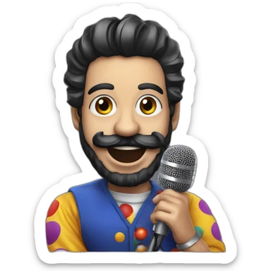 radio presenter with black beard and with a microphone on his hand dressed as a silly clown sticker