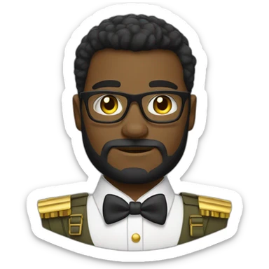 black soldier with beard, part in hair, white collared shirt, bow tie, gold glasses, bulletproof vest  sticker