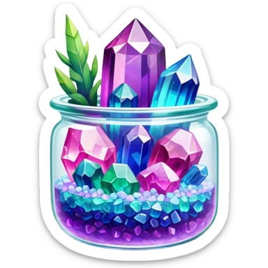 Close-up of vibrant, multicolored crystals growing in a glass container on a wooden table. Crystals in shades of purple, blue, green, pink, and clear are forming in various shapes and sizes. Soft light shines on them. Cozy indoor setting with plants and soft decor in the background. sticker
