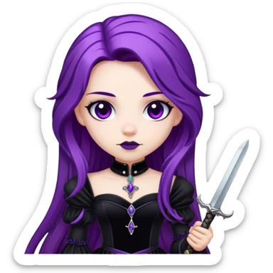 A gothic princess with long purple hair, in a black velvet dress, holding a silver dagger. sticker