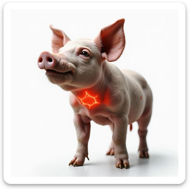 Realistic pig on isolated white background, thyroid area on neck highlighted in red, clear anatomical details, hyperrealism, 4K quality, pig with head slightly raised sticker