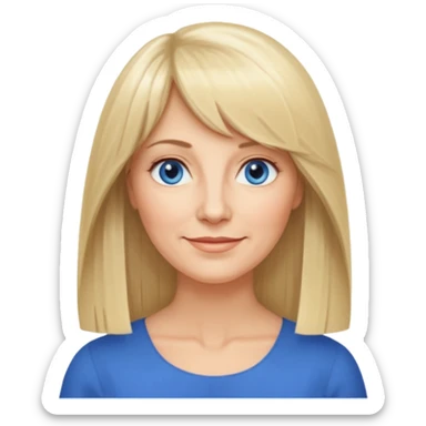 50 yr old white woman, curtain bangs, very long straight blond hair, oval face, small smile, blue eyes, thin face, hair down to elbows, round cheeks sticker