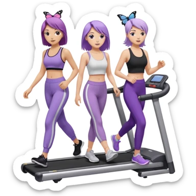 две белокожие девушки ходят по беговым дорожкам, одна брюнетка, вторая со светло-фиолетовыми волосами, брюнетка в белом топе на тонких лямках и в черных лосинах, вторая девушка в лиловом топе с бабочкой и в серых спортивных штанах sticker