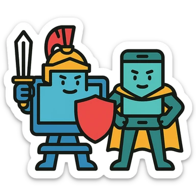 A computer and a phone illustrated as warriors or heroes, symbolizing their role in providing excellent internet service sticker