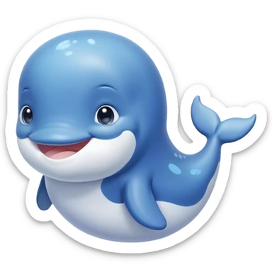 Cinematic happy baby whale, chubby rounded body, tiny smiling face, soft pastel blue hues, gentle glowing waves around, joyful and soothing. sticker