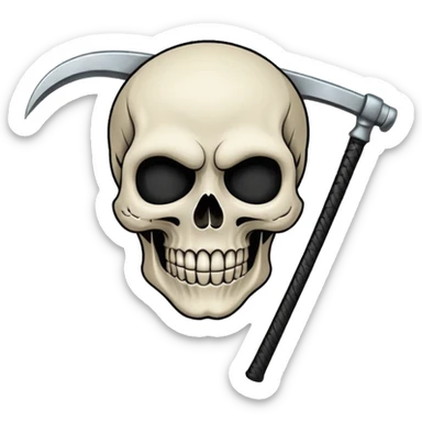 A laughing skull with a scythe crossed behind it, one eye socket winking. Clean, stylized lines, flat vector. Medieval woodcut style. Black and white with one accent color (tarnished silver). No background. sticker