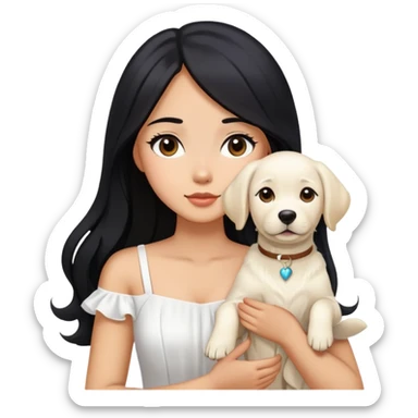 A beautiful girl with long black hair and a white dress is holding a white Labrador sticker