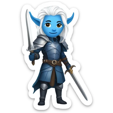 a blue tiefling with white long hair, full body, knight armour, holding a sword sticker