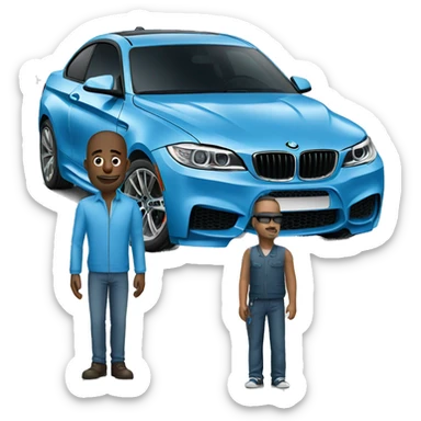 Man standing near blue bmw  sticker