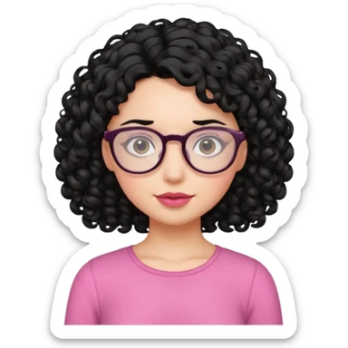 Fair girl with curly black hair and glasses wearing a pink top sticker