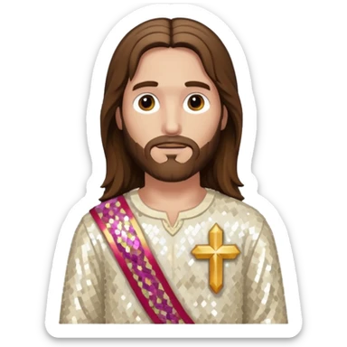 Jesus Christ with long brown hair, ivory sequin outfit sticker