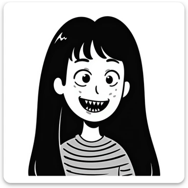 japanese horror style woman with extremely long black hair, pale white face, wide unblinking eyes, and a distorted mouth filled with hundreds of sharp jagged teeth sticker