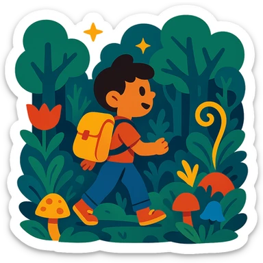 child with backpack exploring an enchanted forest sticker