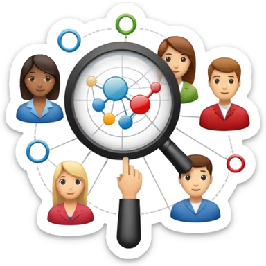 An icon featuring a group of diverse people, a social network diagram, and a magnifying glass, symbolizing sociology. The design includes charts and interconnected lines, representing the study of societies, relationships, and social behavior. Transparent background highlights social analysis. sticker