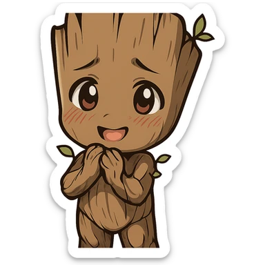 anime style Groot character, cute and shy, happy expression sticker