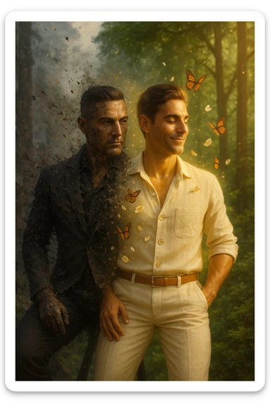 Trasformazione cinematografica: uomo d'affari in giacca sintetica nera che si sfalda come cenere, mentre da dentro emerge una nuova versione di sé vestita di lino color avorio, farfalle che nascono dalle fibre di cotone biologico, petali di fiori che si trasformano in bottoni di madreperla, capelli che diventano più folti e luminosi al contatto con tessuti naturali, pelle che letteralmente respira vapore dorato, city background che si trasforma in foresta rigogliosa, slow motion epico con particelle di luce danzanti sticker