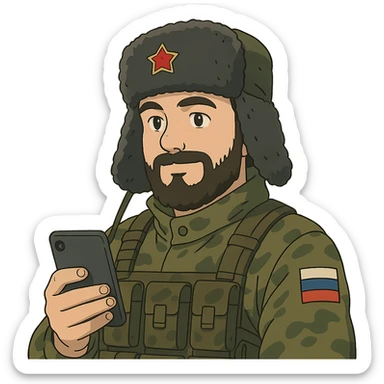 ghibli style Russian army military blogger wearing an ushanka hat sticker