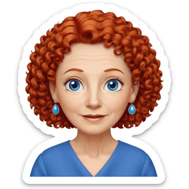 una profesora mayor simpática con el pelo rojo rizado, ojos azules, vestido azul y pendientes azules hablando sticker