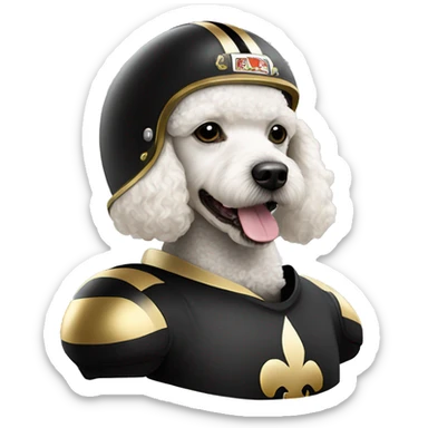 White poodle wearing a black football helmet with gold stripe and gold fleur de lis emblem sticker