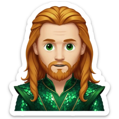 Loki, God of Mischief with long reddish blonde hair and beard, dark green sequin outfit sticker