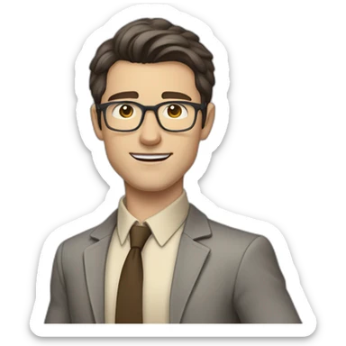 Full height Pale skinned fit man with dark brown hair in gray jacket, beige office shirt, brown tie, brown pants and vintage glasses. His right hand stretched out sticker